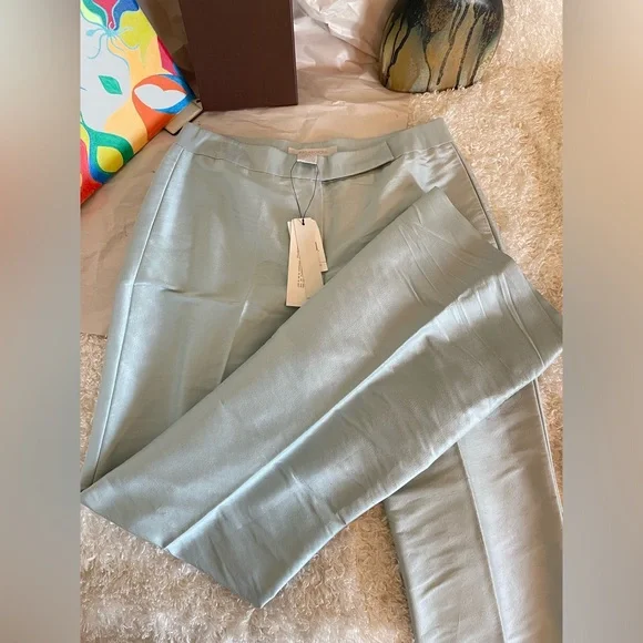 NWT Magaschoni 100% Dupioni Silk straight w little Flare Pants Light Blue Size 2 - Picture 7 of 14